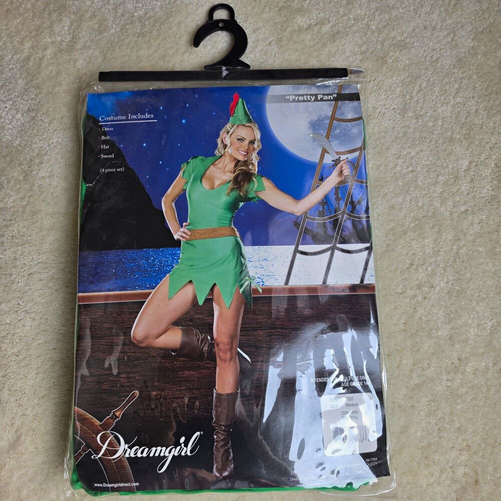 Dreamgirl Peter Pan Costume Complete Outfit Green Halloween Fairy Tale, Size Med